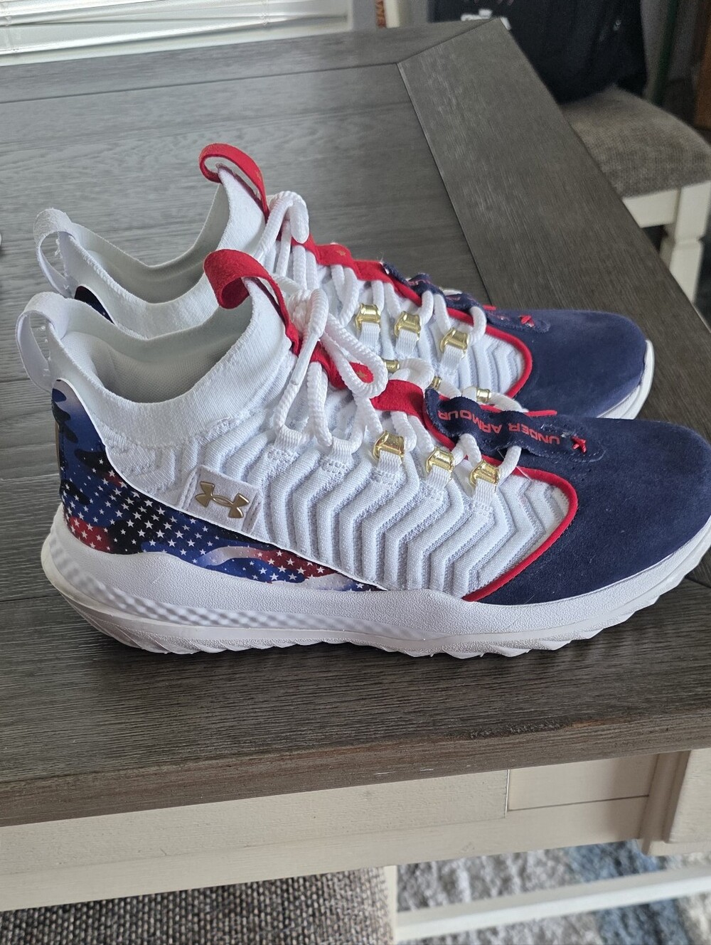 Under Armour Mens' White, Navy & Red Sneakers with Stars Accent